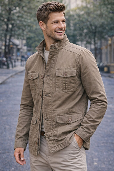 DYNAMO Men's Earth Color 100% Cotton Linen Lined Multi-Pocket Summer Coat – R...