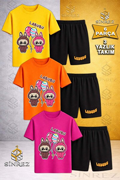 SİNREZ Children's Labubu 2Li Balloon Printed Crew Neck 3-Piece T-Shirt - Shor...