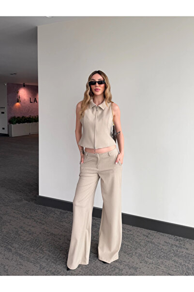 Laluvia Μπεζ Ριγέ Γιλέκο και Παντελόνι Σετ - 8430