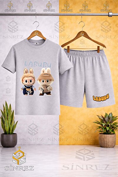 SİNREZ Kids' Labbu 2-Piece Brown Custom Printed Crew Neck T-Shirt - Shorts Set