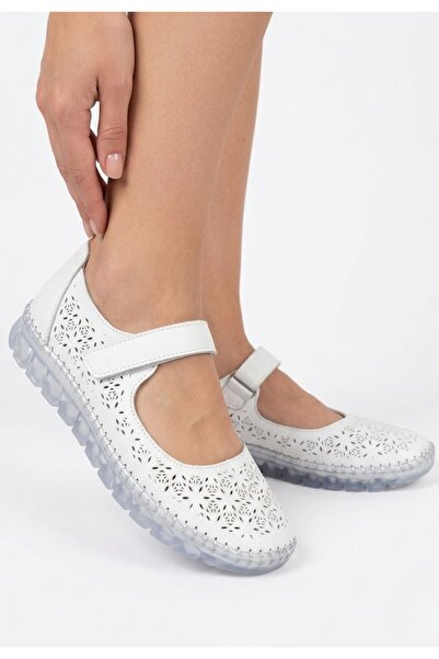 ALFA AKSESUAR 03 Pantofi balerini Sina White din piele naturală cu velcro