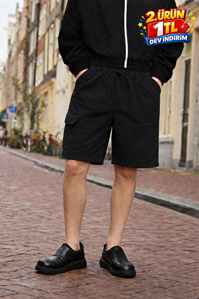 DAMGA JEANS Ανδρικό σορτς Premium Jogger Relax από μαύρο λινό με τσέπες Cargo