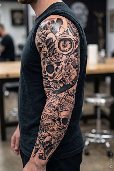 BP Tattoo Kurukafa, Gül ve Kanatlı Saat Temalı Geleneksel Geçici Kol Dövmesi