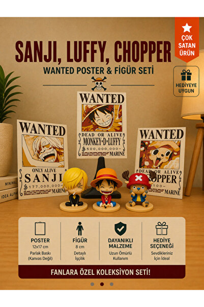 FigurBende One Piece Sanji Luffy Chopper Wanted Poster ve Figür Seti 3’lü Ani...