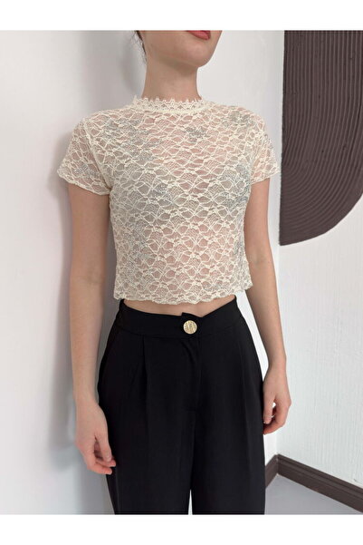 Caddebostan Moda Γυναικεία δαντελένια κοντομάνικη μπλούζα με κορδόνια, κομψή ...