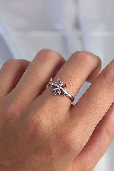 Hobibahçem Brass Silver Color Colorful Zircon Stone Adjustable Ring