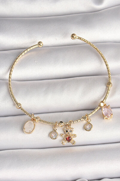 BŞK VİRGO Brass Gold Color Dangle Zircon Stone Teddy Bear Figure Red Heart De...