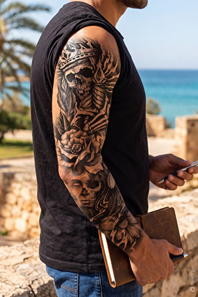 BP Tattoo Kral Kurukafa, Gül ve Gotik Kadın Temalı Gerçekçi Geçici Kol Dövmesi