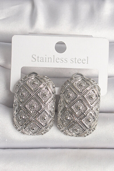 Twin Store Brass Silver Color Motif Embroidered Women's Earrings