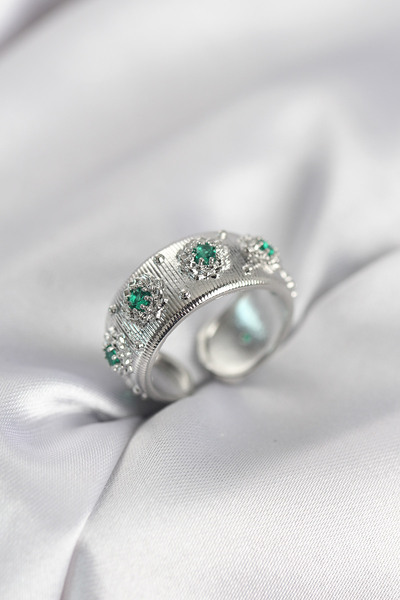 Beta Moda Hub Green Zircon Stone Silver Color Vintage Women's Ring
