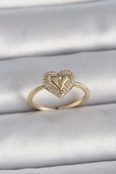 Beta Moda Hub Brass Gold Color Adjustable Zircon Stone Heart Model Women's Ring