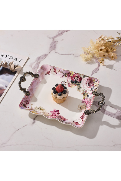 Malooki Πορσελάνινος δίσκος σερβιρίσματος με vintage φλοράλ σχέδιο, με μεταλλ...