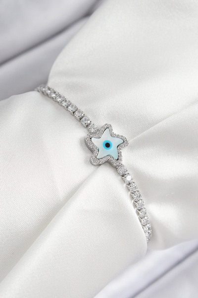 NY JOY Brass Zircon Stone Evil Eye Star Model Silver Color Elevator Women's B...
