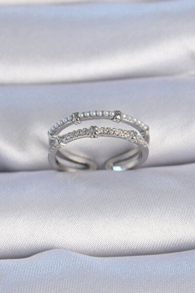 Twin Store Brass Silver Color Zircon Stone Pearl Detail Women's Ring