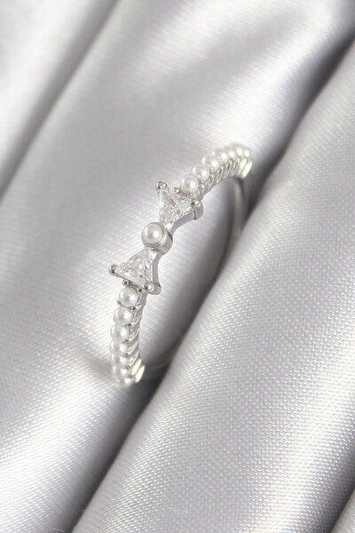 Twin Store Brass Silver Color Zircon Stone Ribbon Model Pearl Detail Women's ...