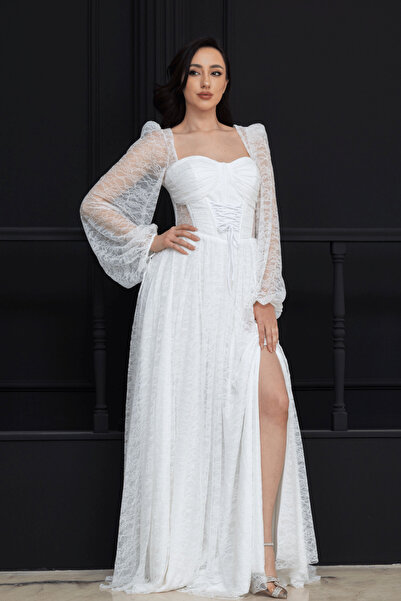 BEYBOS Bale Detailed Long Lace Evening Dress - White