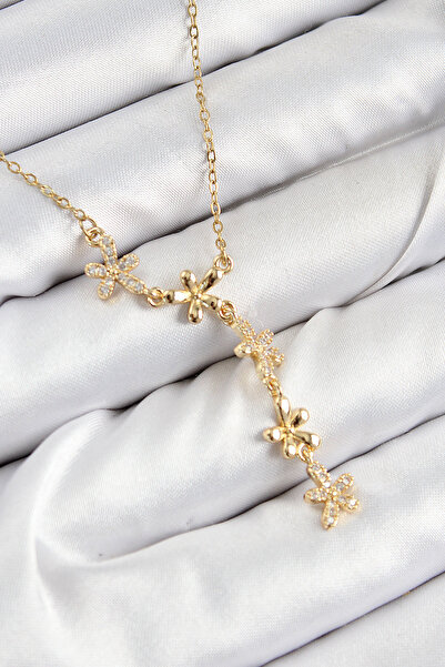 Twin Store 316L Steel Zircon Stone Flower Model Gold Rk Women's Necklace