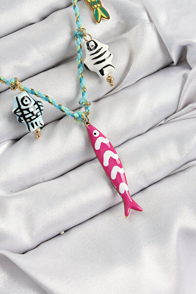 Beta Moda Hub Ceramic Motif Pink Fish Figured Model Blue Rope Women's Necklace