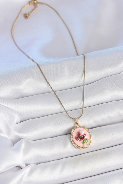 Generic Brand 316L Steel Gold Color Chain Pink Enamel Pearl Flower Embroidere...