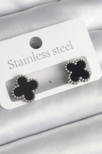 Twin Store 316L Steel Silver Color Black Clover Model Women's Earrings