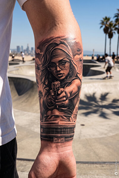 BP Tattoo West Coast Sokak Stili Geçici Dövme Silahlı Kadın ve Klasik Araba D...