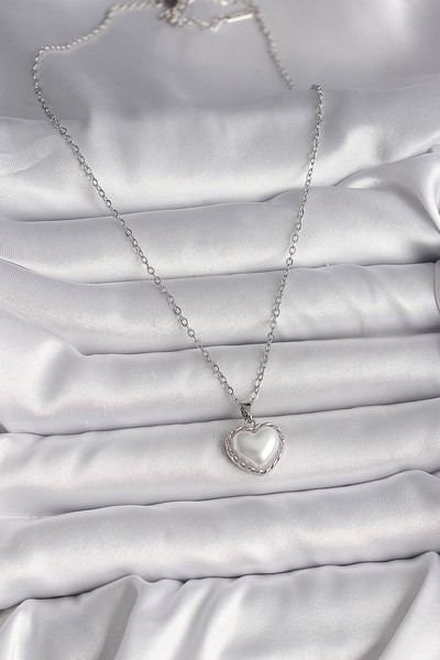 Hobibahçem 316L Steel Silver Color Chain 3D Pearl Heart Model Women's Necklace