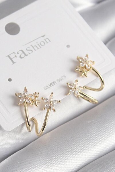 Twin Store Brass Gold Color Zircon Stone Flower Model Women's Earrings