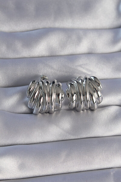 BŞK VİRGO Brass Silver Color Serrated Curved Model Earrings