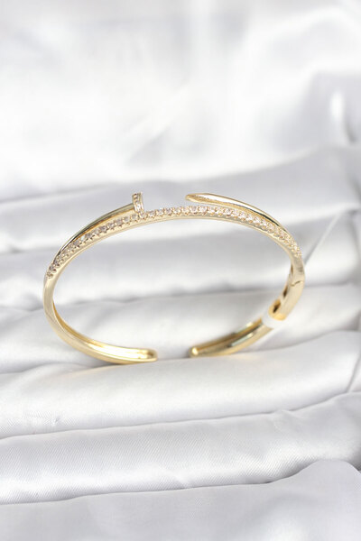 NY JOY Brass Gold Color Zircon Stone Nail Model Women's Handcuff Bracelet