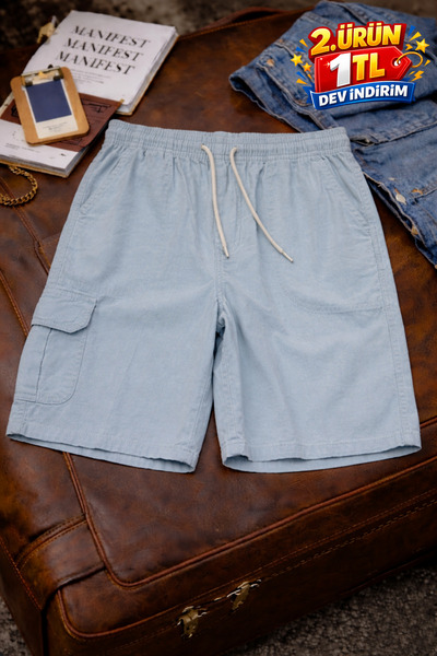 DAMGA JEANS Ανδρικό κομψό σορτς από λινό σε μπλε απόχρωση με πολλές τσέπες τύ...