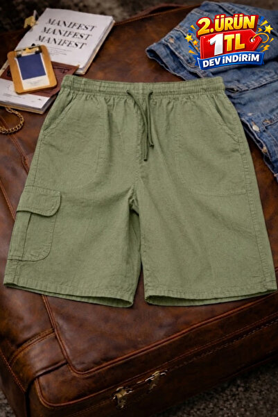 DAMGA JEANS Ανδρικό κομψό, μοντέρνο, πράσινο λινό σορτς με πολλές τσέπες cargo