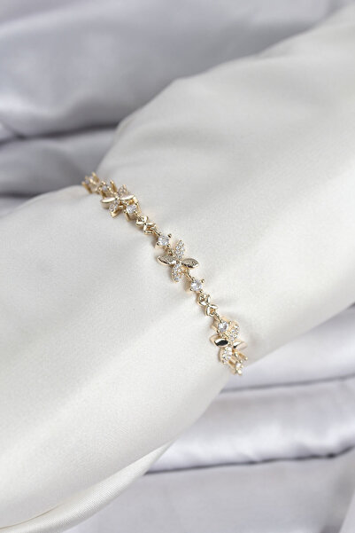 Hobibahçem Gold Color Clover Model Zircon Stone Women's Bracelet with Elevato...