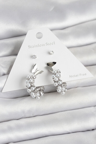 Beta Moda Hub Brass Silver Color Butterfly Detailed Women's Earring Set