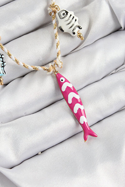 Beta Moda Hub Ceramic Motif Pink Fish Figured Model Cream Thread Women's Neck...