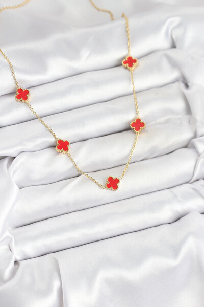 Generic Brand 316L Steel Chain Gold Color Red Baby Boy Clover Women's Necklac...