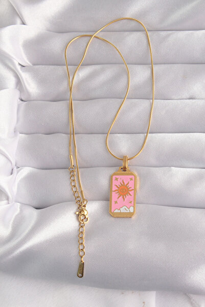 Generic Brand 316L Steel Gold Color Pink Enamel Sun Model Tarot Necklace