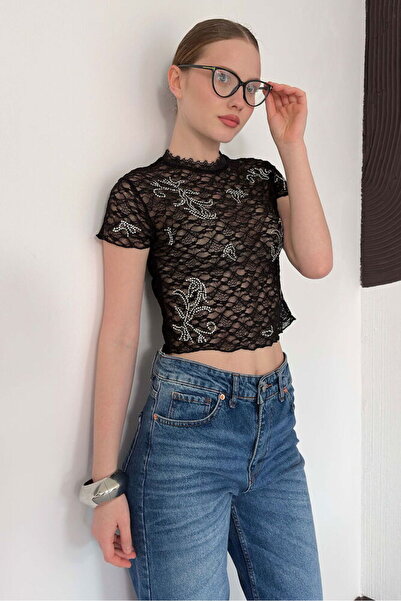 Caddebostan Moda Γυναικεία δαντελένια κοντομάνικη μπλούζα με κορδόνια, κομψή ...