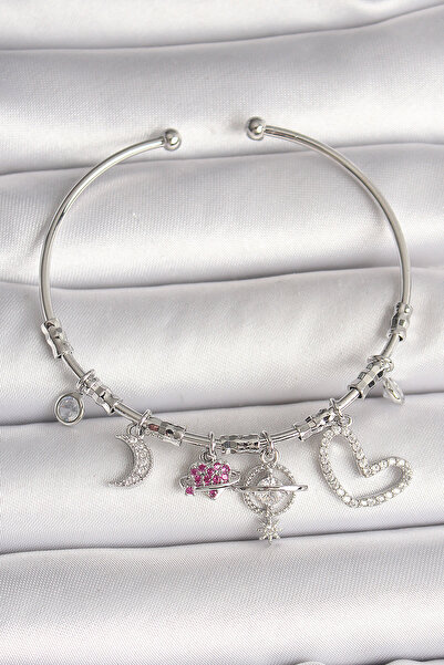 NY JOY Brass Silver Color Dangle Zircon Stone Planet Figure Heart Detail Char...