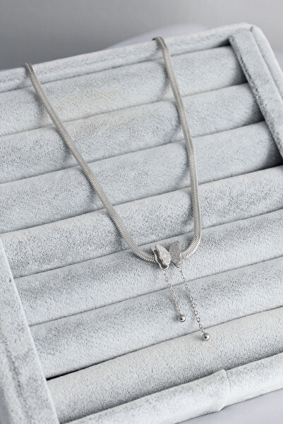 Hobibahçem 316L Steel Silver Color Italian Chain Model Silvery Butterfly Figu...