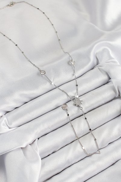 Hobibahçem Brass Zircon Stone Pole Star Model Silver Color Y Necklace