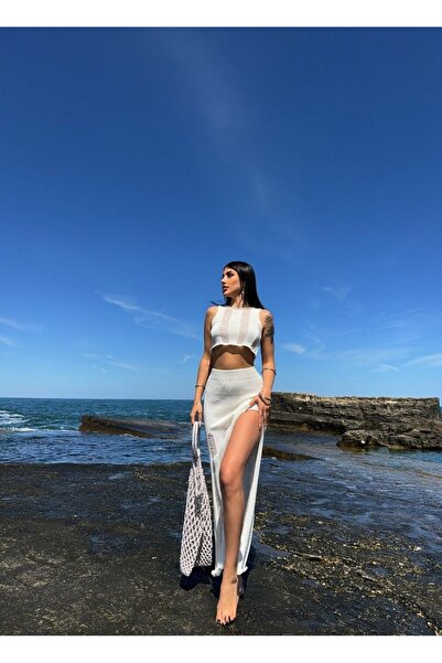 aura fashionn Kadın Plaj Bluz Etek Triko Takım