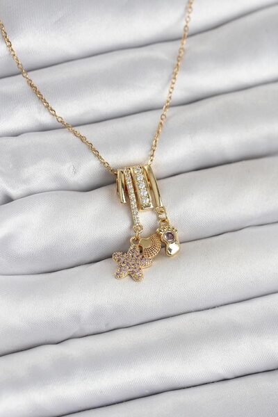Beta Moda Hub 316L Steel Gold Zircon Stone Sea Theme Charm Women's Necklace