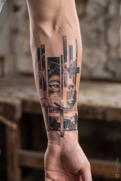BP Tattoo Geometrik Parçalı Kurt ve Motosiklet Dövmesi Geçici Dövme