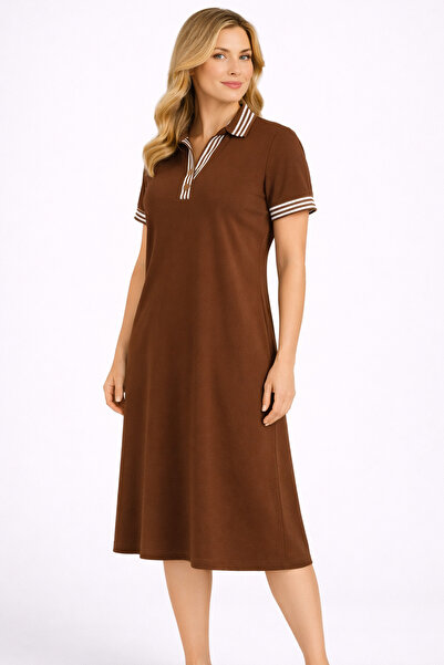 Şans Rochie midi maro, cu detalii cu nervuri, din țesătură de viscoză, cu buz...