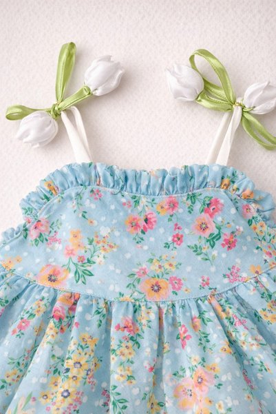 Tifina Kids Girl's Tulip Decorated Floral Tulle Lined Dress for Weddings, Holidays, Special Occasions