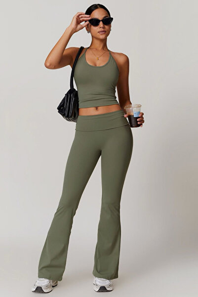 thesunfyre Γυναικείο παντελόνι με ψηλή μέση και ελαστικό ύφασμα, ισπανικό κολ...