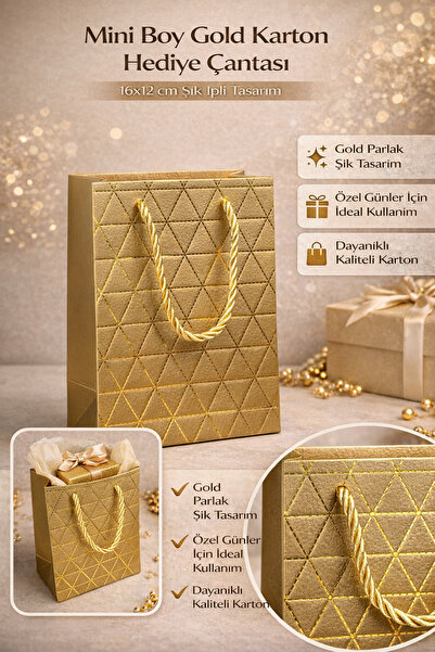 Tamsena Store Mini Boy Gold Karton Hediye Çantası 16x12 cm Şık İpli Tasarım
