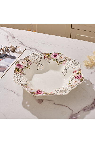 Malooki Πορσελάνινη φρουτιέρα με vintage φλοράλ σχέδιο, δαντελωτές άκρες, διά...