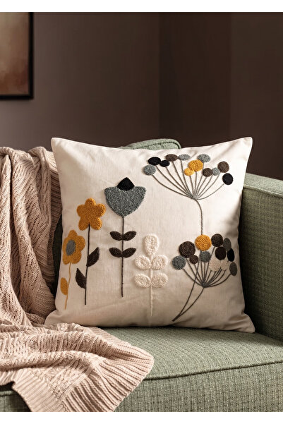 Goshıkı Yellow/Black and Light Gray Colored Floral Themed Cotton Comfort Thro...