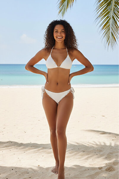 Imoda Kadın Beyaz Pedli Bel ve Boyundan Bağlamalı Dantelli Şık Bikini Takımı